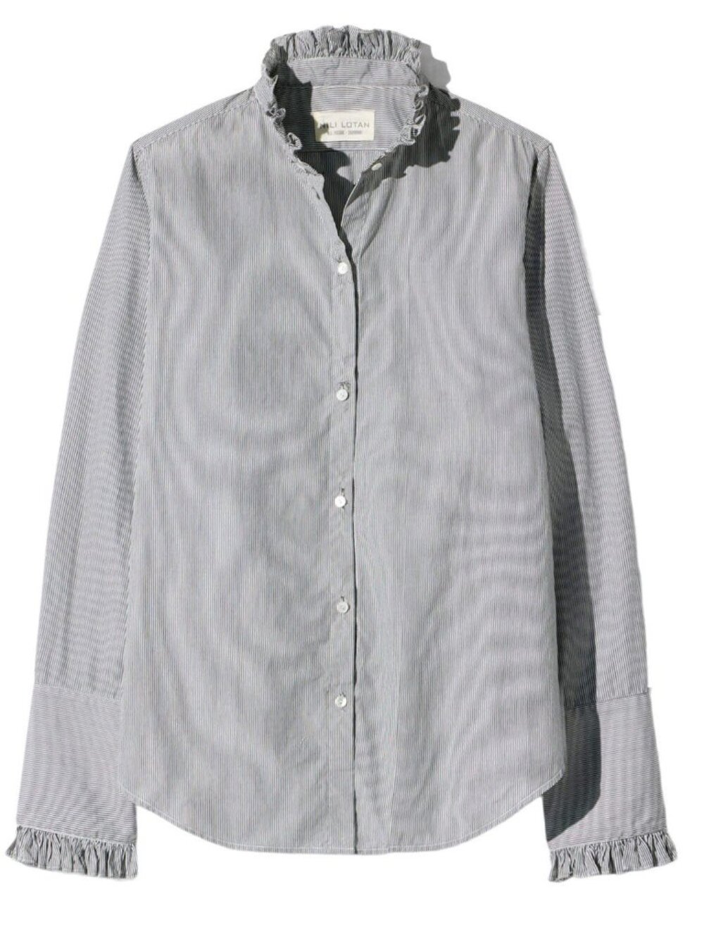 Nili Lotan Lydia Ruffle Pinstripe Button Down Shirt Gray White Size L
